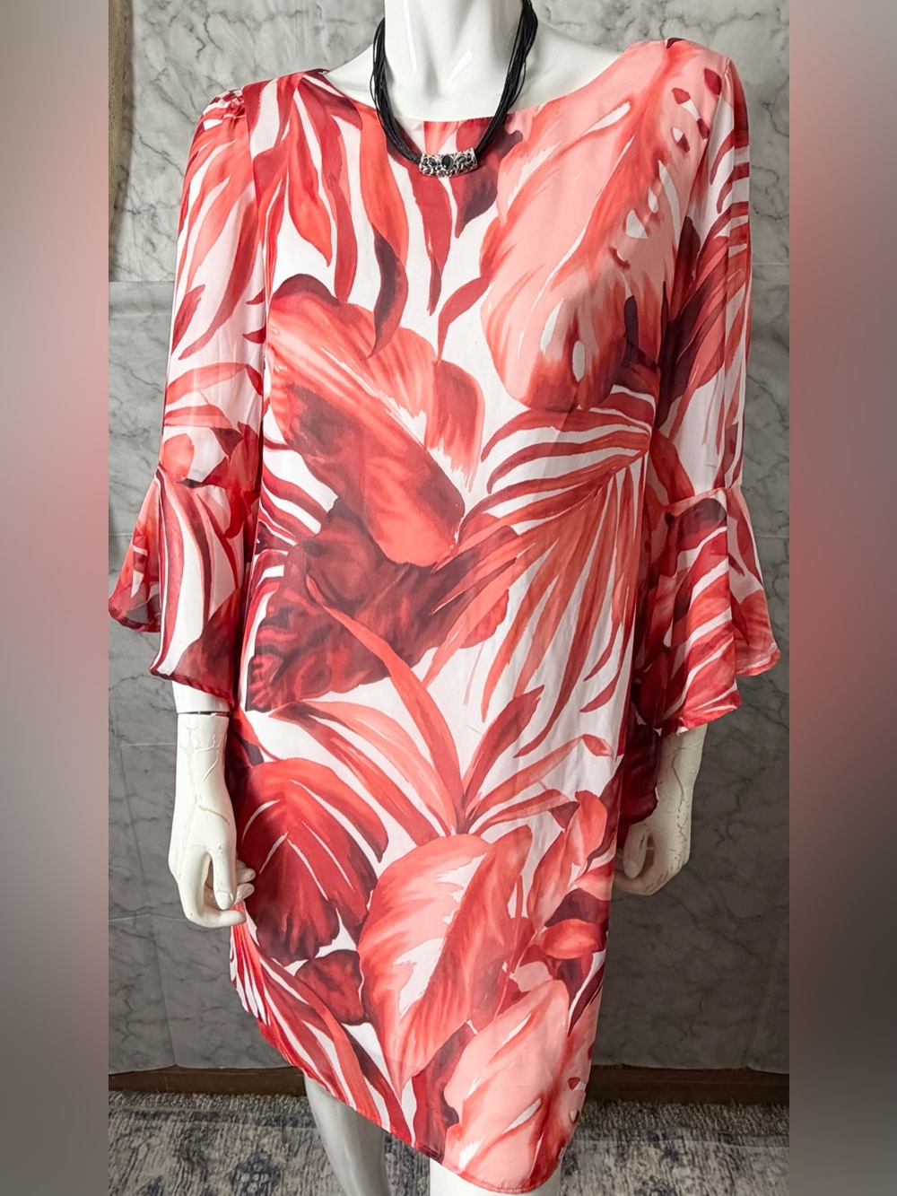 Coral Red Palm Flowy Botanical Vacation Resort Tropical Bell Sleeve Dress 8
